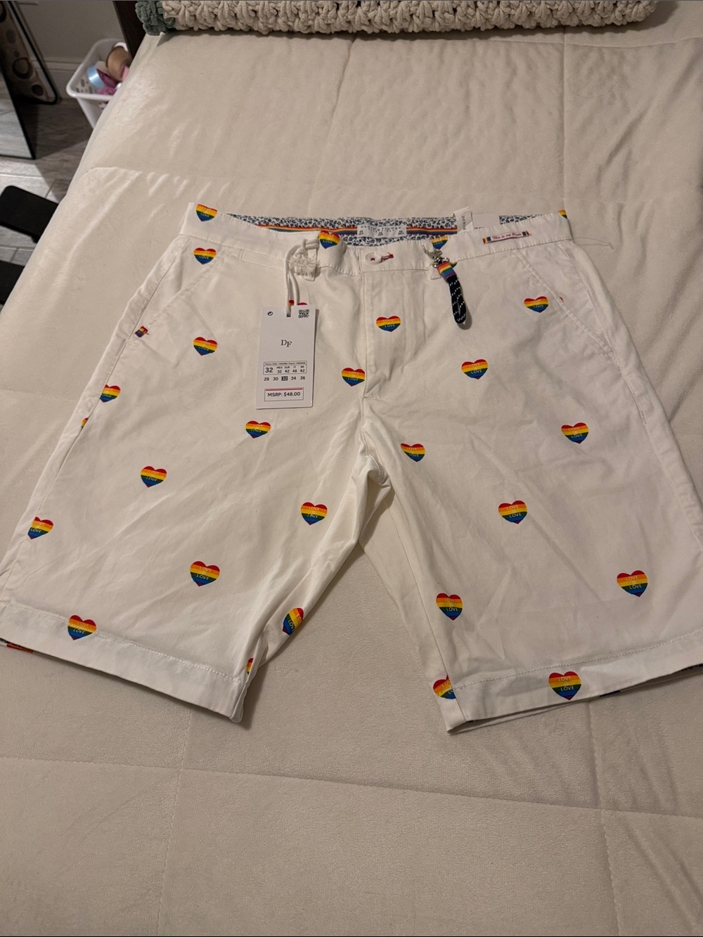 Denim & Flower White Flat-Front Shorts with Rainbow Heart Embroidery